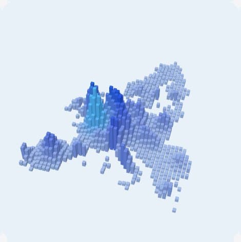 Europe made of columns, taller where there are more companies, with one area lit in light blue.