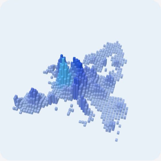 Eine Europakarte aus Säulen, höher, wo es mehr Unternehmen gibt, mit einem Gebiet, das hellblau leuchtet.