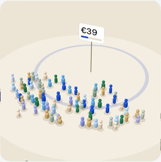 A crowd of different people in front of a price tag that climbs step by step: those who stay jump and take on their full colour, those who find the price too high turn round and walk away.