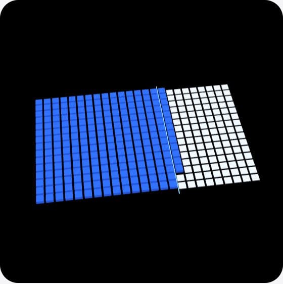 Un campo di centinaia di tessere scure si gira a onda e mostra com'è andato ogni caso, in blu o in bianco; poi le tessere volano e si ordinano, le blu da una parte e le bianche dall'altra, con una linea azzurra fra le due.